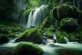 Waterfall landscape with rocks covered in green moss,Generative AI