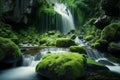 Waterfall landscape with rocks covered in green moss,Generative AI