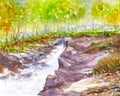 Waterfall landscape watercolor painted