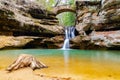 Waterfall with long exposure surrounded by rocks in Hocking Hills State Park, the US Royalty Free Stock Photo