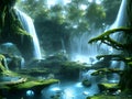 Waterfall with luminous creatures, Generative AI Illustration