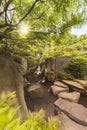 Waterfall of the Meijiro garden that flows into the central pond Royalty Free Stock Photo