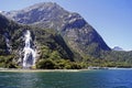 Waterfall in Milford Sound of Fiorland National Park, New Zealand Royalty Free Stock Photo