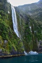 Waterfall in Milford Sound, Fjordland, New Zealand landscape