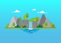 Waterfall mountain beautiful landscape flat style