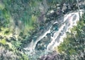 Waterfall Mountain Nature Hand drawn Watercolor Painting