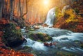 Waterfall at mountain river in autumn forest at sunset.