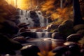 waterfall at mountain river in colorful autumn forest with red and orange leaves at sunset. Generative AI Royalty Free Stock Photo