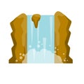 Waterfall on the mountain. Rocks and water. Tropical island, Southern landscape. Cartoon flat illustration.