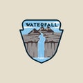 waterfall at mountains emblem vector illustration template graphic design. beautiful landscaped banner and sign badge label for