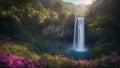 waterfall in the mountains Fantasy waterfall of magic, with a landscape of enchanted trees and flowers,