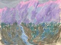 Waterfall in the mountains, mountain landscape pastel drawing