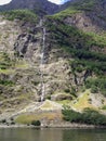 Waterfall in mountains, nature Norway, fjord background