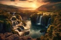 A waterfall in the mountains with the sun setting behind it Generative AI