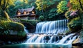 Waterfall near the mansion in the forest, colorful flowers & fruit trees