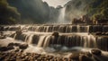 waterfall at night Steam punk Ban Gioc waterfall of coins, with a landscape of factories Royalty Free Stock Photo