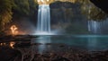 waterfall at night waterfall into sparks, with a landscape of electric trees and wires,