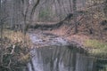 waterfall over the rocks in river stream in forest in late autumn with naked trees and grey colors in nature - vintage old film Royalty Free Stock Photo