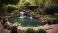 waterfall in the park A backyard landscaping with a patio, a waterfall, a pond, a garden, trees, plants, a trellis Royalty Free Stock Photo