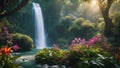 waterfall in the park Fantasy waterfall of magic, with a landscape of enchanted trees and flowers, Royalty Free Stock Photo