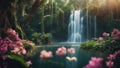 waterfall in the park Fantasy waterfall of magic, with a landscape of enchanted trees and flowers, with waterfall Royalty Free Stock Photo