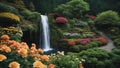 waterfall in the park Flowers and waterfall inside the historic butchart gardens, Royalty Free Stock Photo