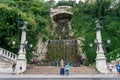 Waterfall park mountain statue stone in Budapest, Hungary.