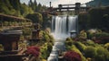 waterfall in the park Steam punk waterfall of steam, with a landscape of metal flowers and gears Royalty Free Stock Photo