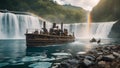 waterfall in the park Steam punk A rainbow boat shooting at a waterfall Royalty Free Stock Photo