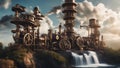 waterfall in the park Steam punk waterfall with a landscape of metal trees and gears Royalty Free Stock Photo