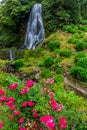 Waterfall at  Parque Natural Da Ribeira Dos Caldeiroes, Sao Miguel, Azores, Portugal. Beautiful waterfall surrounded with Royalty Free Stock Photo