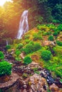 Waterfall at  Parque Natural Da Ribeira Dos Caldeiroes, Sao Miguel, Azores, Portugal. Beautiful waterfall surrounded with Royalty Free Stock Photo