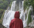 Waterfall person iceland Seljalandsfoss travel Royalty Free Stock Photo