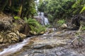 Waterfall in rain forest flowing down rock formation