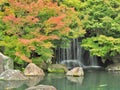 Waterfall and red leaves in autumn season at Koko-en garden, Himeji, Japan. Royalty Free Stock Photo