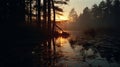 Eerie Sunrise Over Small Lake: A Photorealistic 35mm Film4k Shot Royalty Free Stock Photo