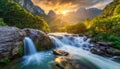 Waterfall and river flow in mountain region at sunrise Royalty Free Stock Photo