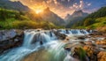 Waterfall and river flow in mountain region at sunrise Royalty Free Stock Photo