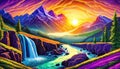 Waterfall and river flow in mountain region at sunrise with psychedelic colors Royalty Free Stock Photo