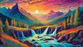 Waterfall and river flow in mountain region at sunrise with psychedelic colors Royalty Free Stock Photo