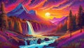 Waterfall and river flow in mountain region at sunrise with psychedelic colors Royalty Free Stock Photo