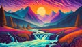 Waterfall and river flow in mountain region at sunrise with psychedelic colors Royalty Free Stock Photo