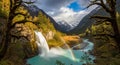 Waterfall and River in a Lush Mountain Valley with a Rainbow and Autumn Colors 618 Royalty Free Stock Photo