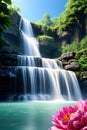 Waterfall between rocks with a large flower in the foreground. Royalty Free Stock Photo