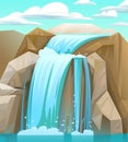 Waterfall among rocks. Summer clouds. Cascade shimmers downward. Water flowing. Vector