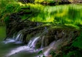 Waterfall at sinter terraces with mystical light