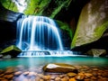Waterfall and stone copy space blurred background, Generative AI Stock Photo
