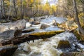 Waterfall stream on the stones of the autumn forest. Autumn forest waterfall stream. River stream in the mountains Royalty Free Stock Photo