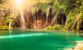 Waterfall with sun at Plitvice Lakes National Park, Croatia Royalty Free Stock Photo