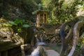 waterfall in surreal architecture, fantastic landscape, beautiful old castle, beautiful structures, jungle and waterfalls in the